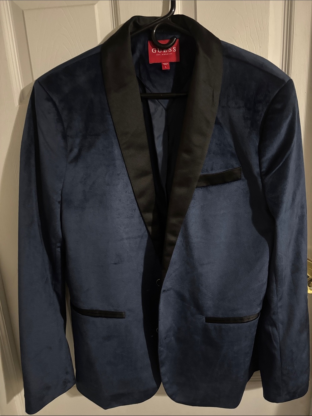 GUESS Navy Blue Velvet Tuxedo Blazer with Black Satin Trim